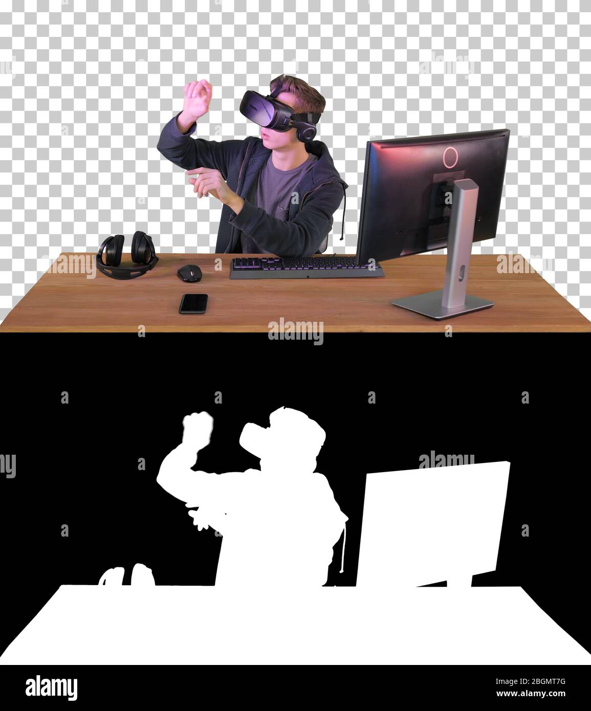 Junger Mann mit vr Headset Manipulation virtueller Objekte, Alpha CH Stockfoto
