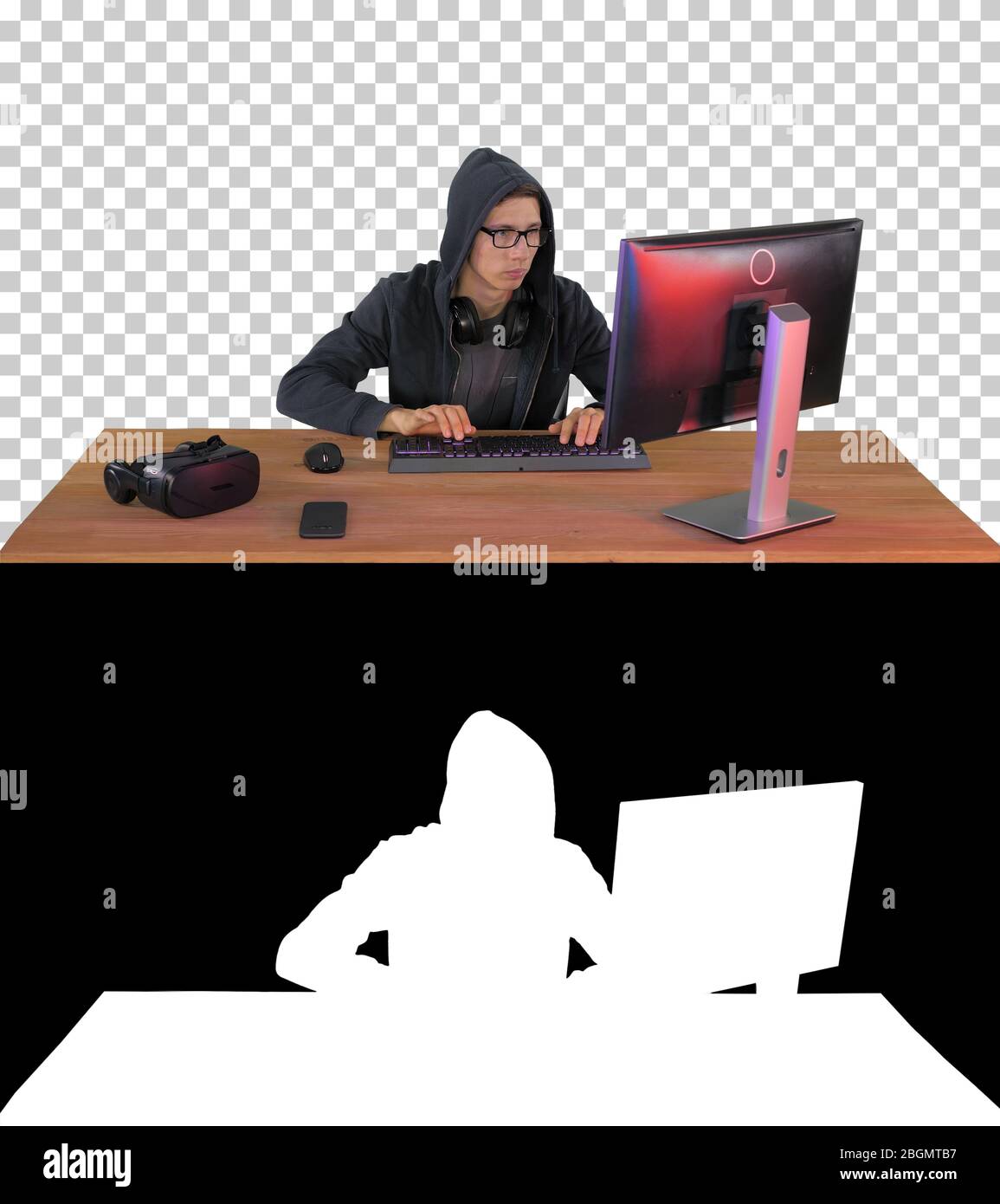 Hacker tippen schnell auf den Computer, Alpha-Kanal Stockfoto