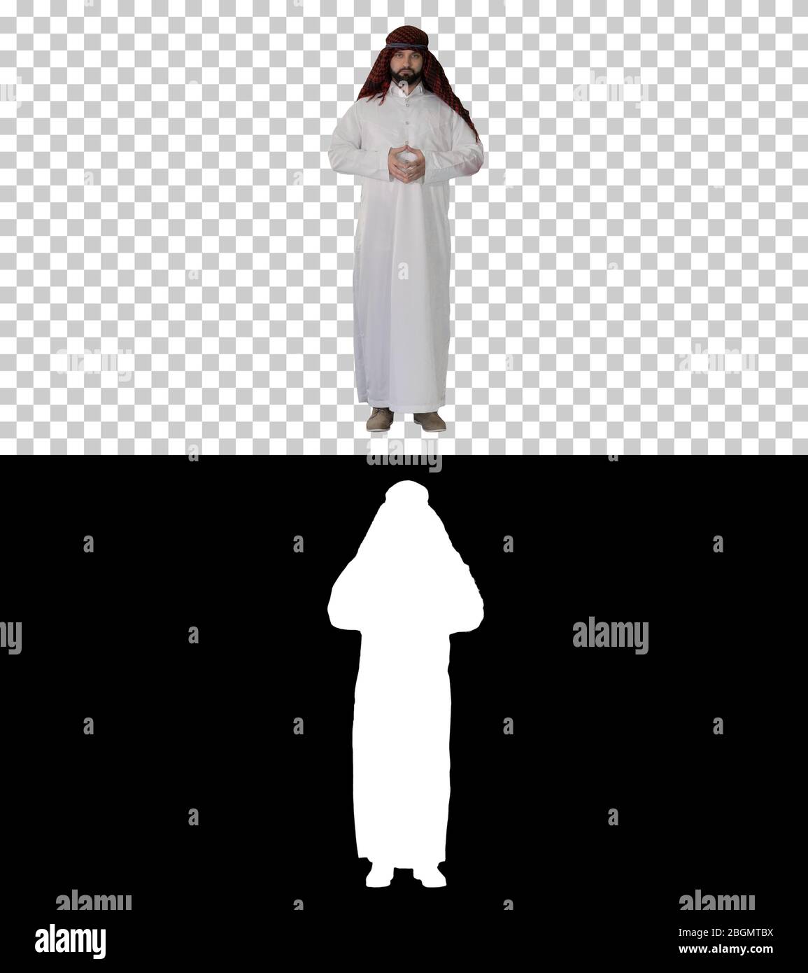 Ernsthafter arabischer scheich-Mann mit Keffiyeh stehend, Alpha Channel Stockfoto