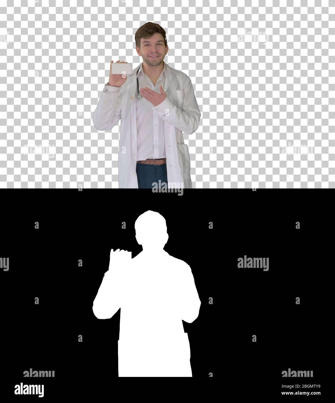 Walking Male Doctor zeigt leere weiße Box mit Pillen, Alpha Chan Stockfoto