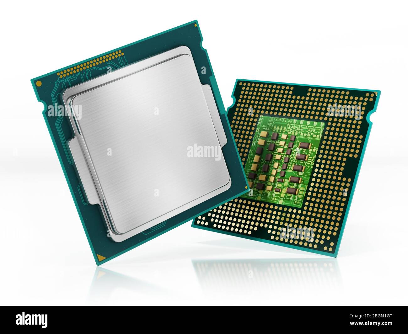 CPU-Vorder- und Rückseite isoliert auf weißem Hintergrund. 3D-Darstellung. Stockfoto