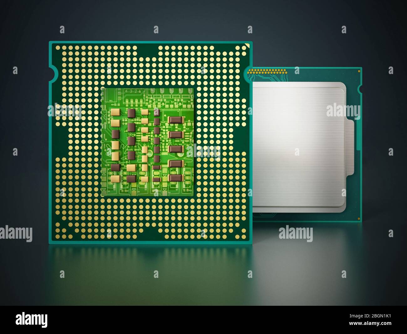 CPU-Vorder- und Rückseite isoliert auf schwarzem Hintergrund. 3D-Darstellung. Stockfoto