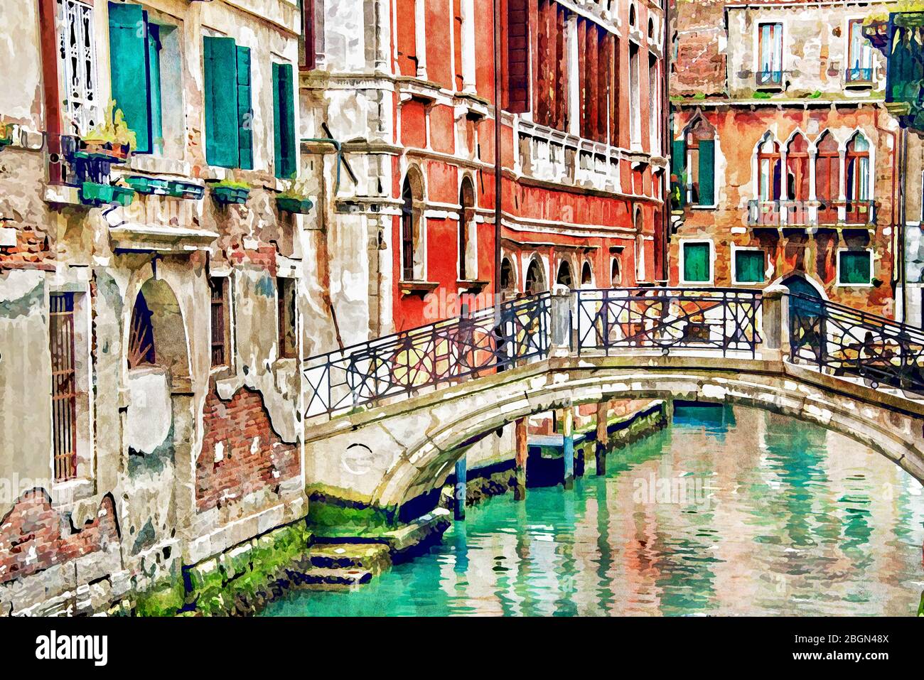 Brücke auf einem Kanal i Venedig, Italien. Malstil Stockfoto