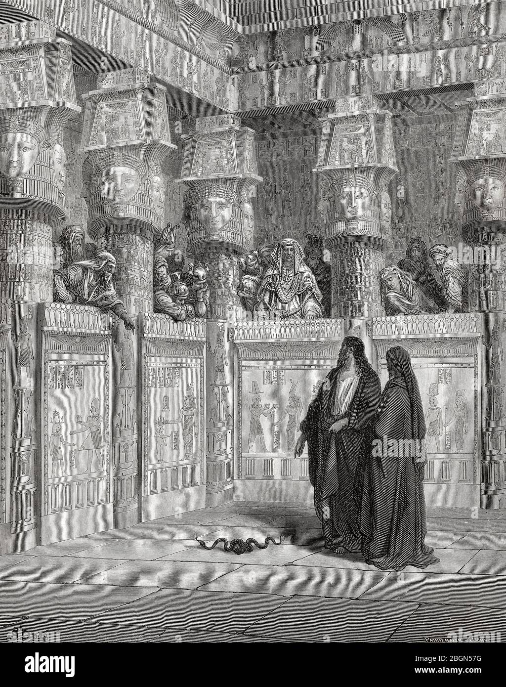 Moses und Aaron erscheinen vor Pharao, Holzschnitt von Gustave Doré Stockfoto