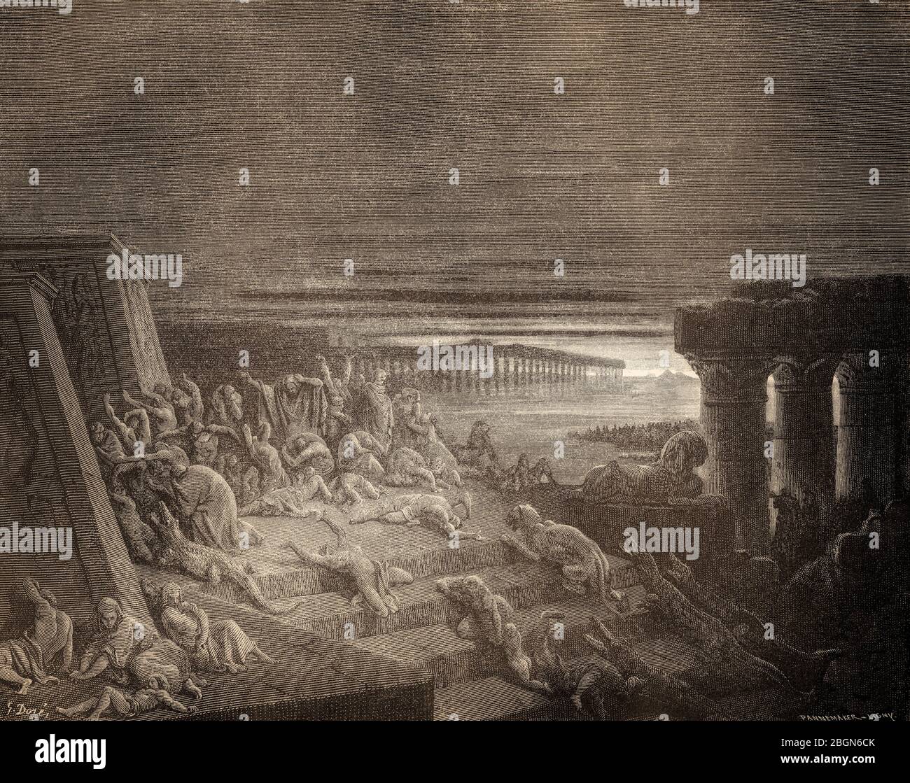 Die Neunte Pest: Dunkelheit, Holzschnitt von Gustave Doré Stockfoto