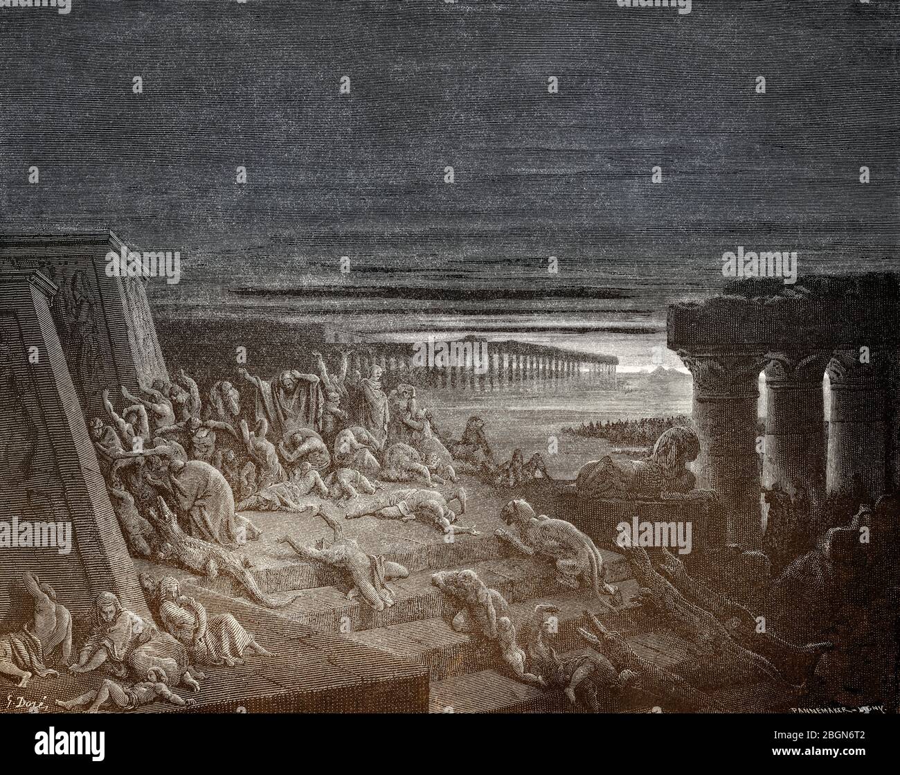 Die Neunte Pest: Dunkelheit, Holzschnitt von Gustave Doré Stockfoto