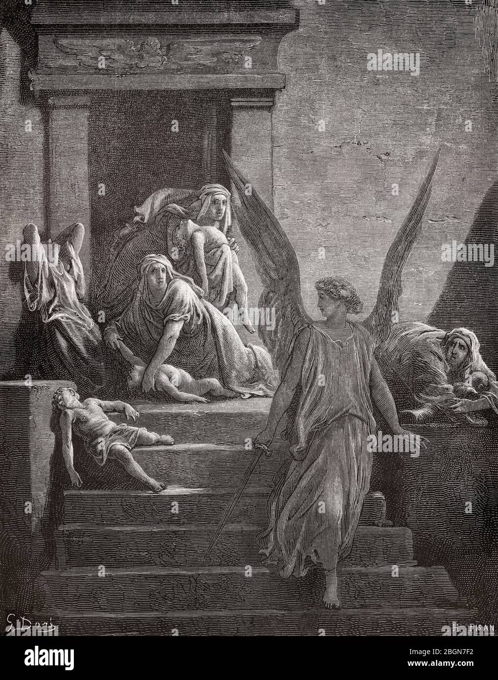 Die zehnte Pest: Tod der Erstgeborenen der Ägypter, Holzschnitt von Gustave Doré Stockfoto