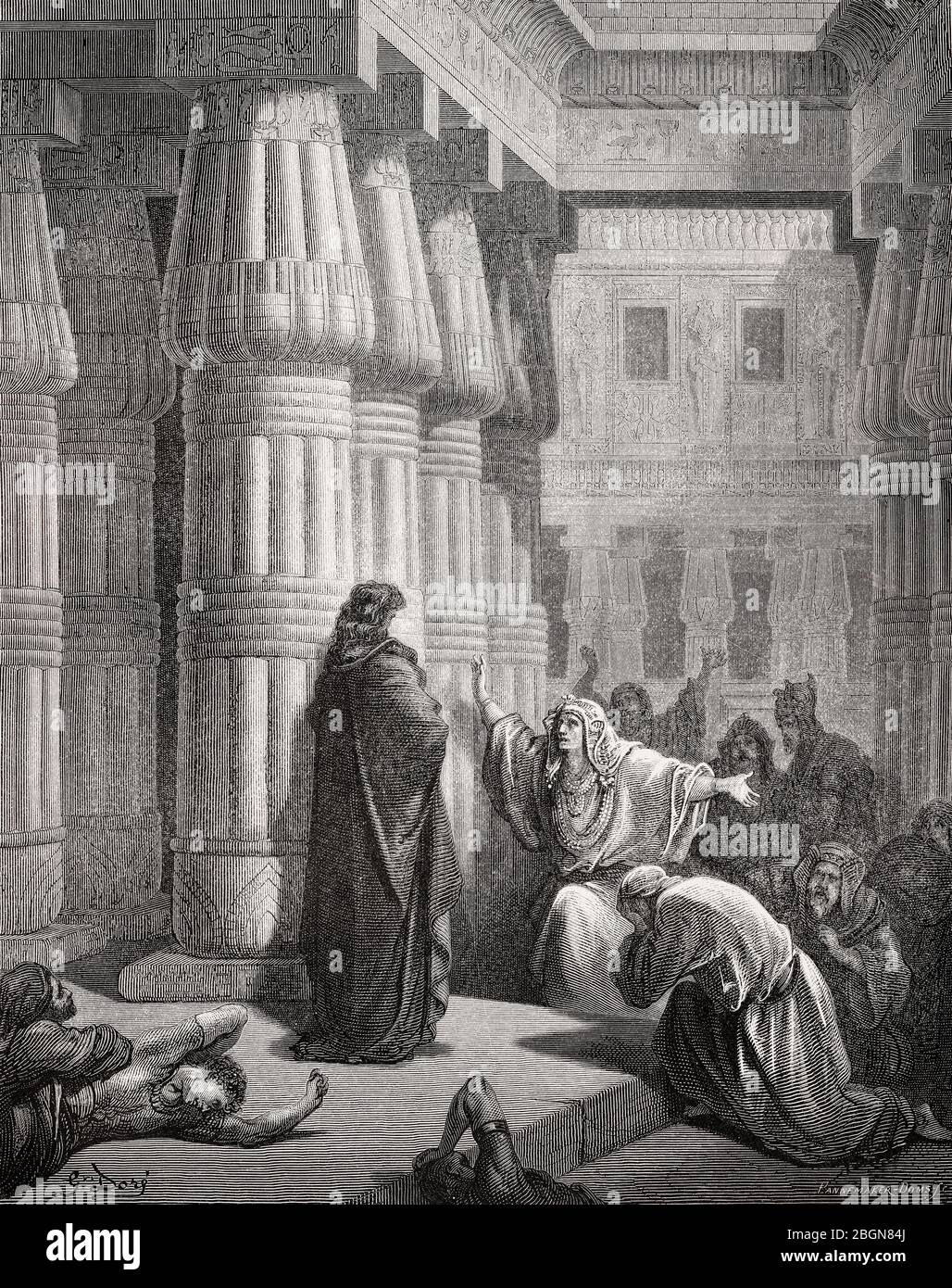 Die Ägypter bitten Moses zu gehen, Holzschnitt von Gustave Doré Stockfoto
