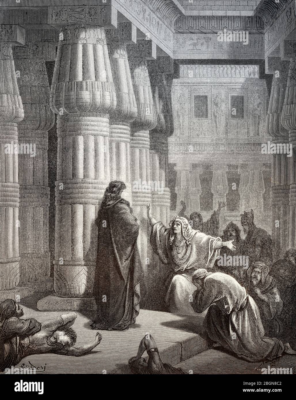 Die Ägypter bitten Moses zu gehen, Holzschnitt von Gustave Doré Stockfoto