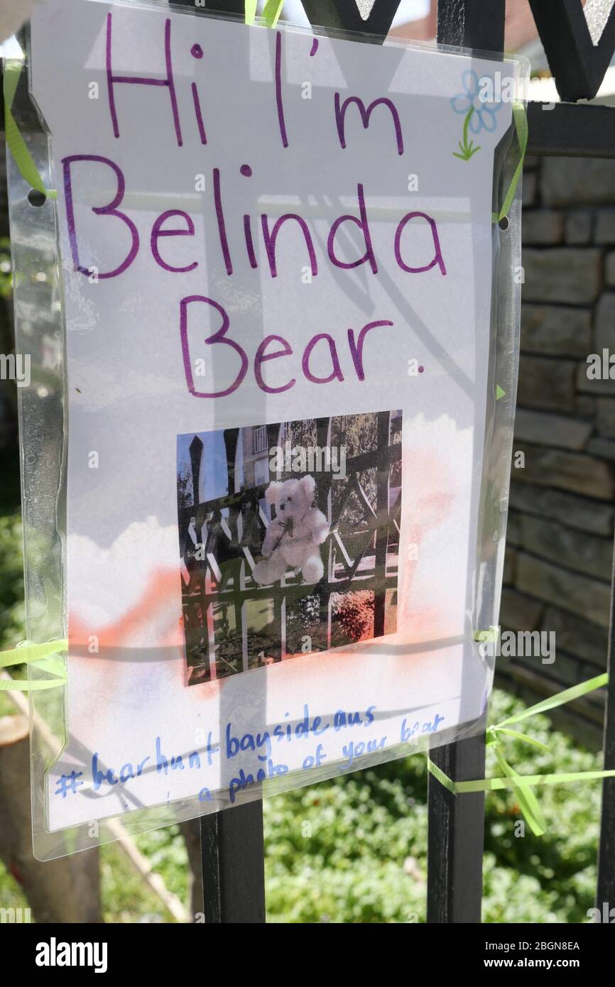 Nette Notiz, die das Kind am vorderen Zaun hinterlassen hat, die andere Kinder dazu ermutigt, während der Nachbarschaftswanderung nach 'Belinda Bear' auf ihrer Teddybärenjagd zu suchen. Stockfoto