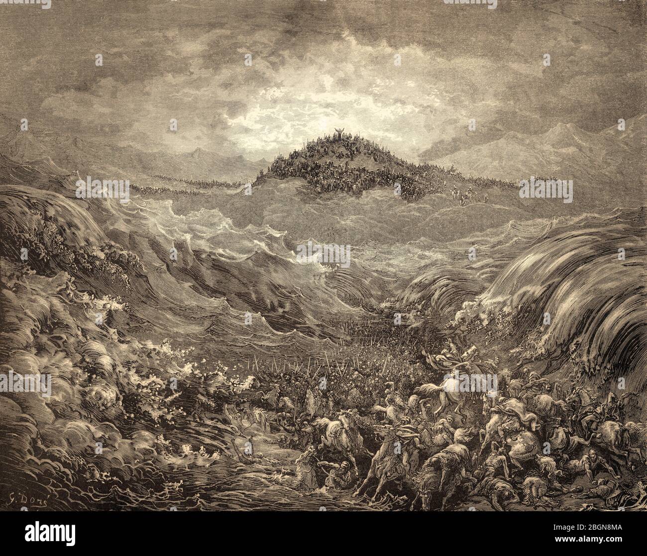 Die Ägypter ertrinken im Roten Meer, Holzschnitt von Gustave Doré Stockfoto