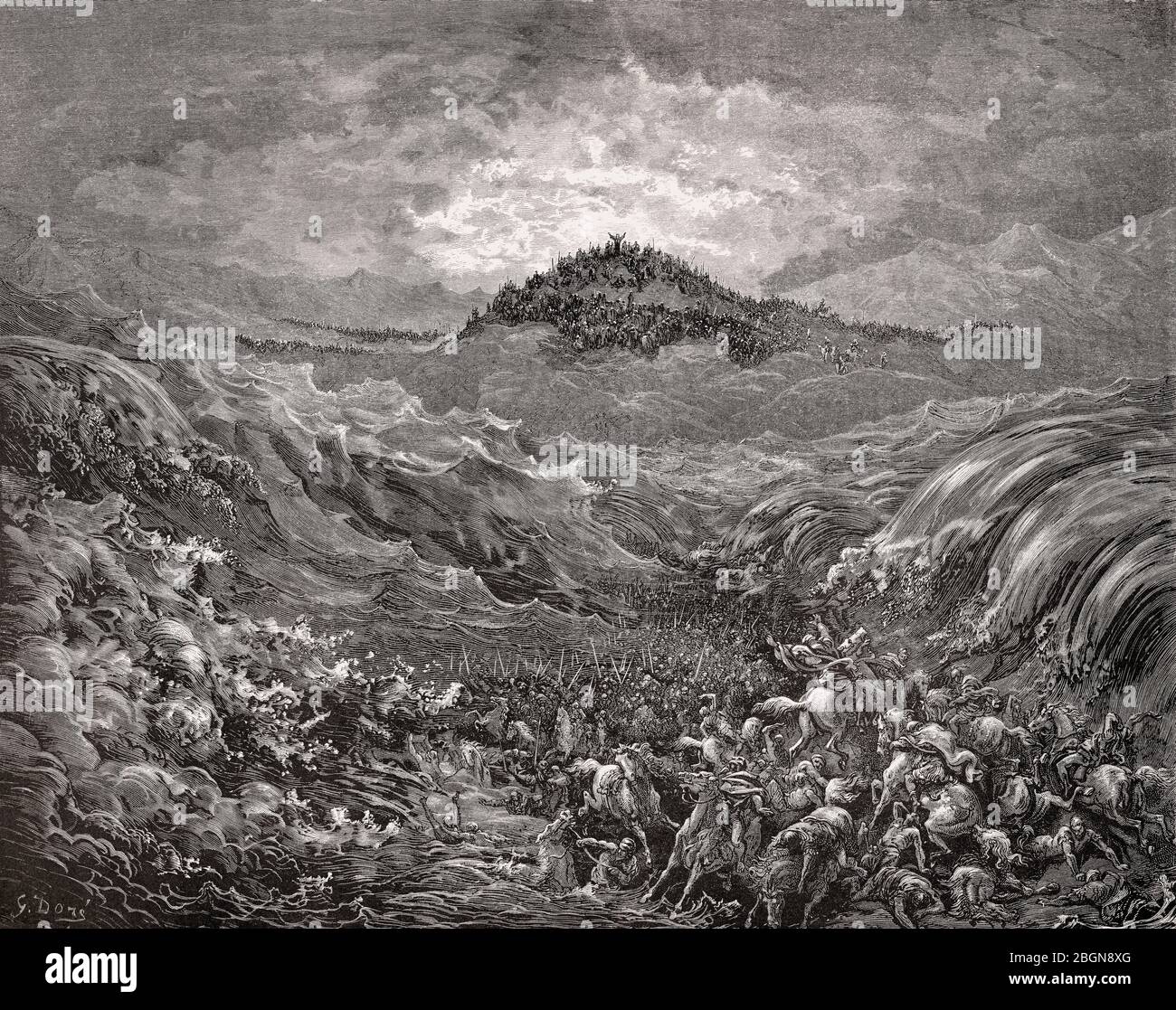 Die Ägypter ertrinken im Roten Meer, Holzschnitt von Gustave Doré Stockfoto
