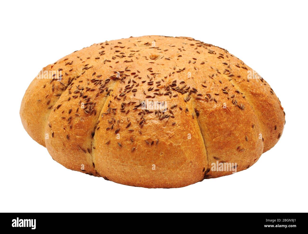 Nahaufnahme von traditionellen Kreuzkümmel Brot Laib isoliert auf weißem Hintergrund. Stockfoto