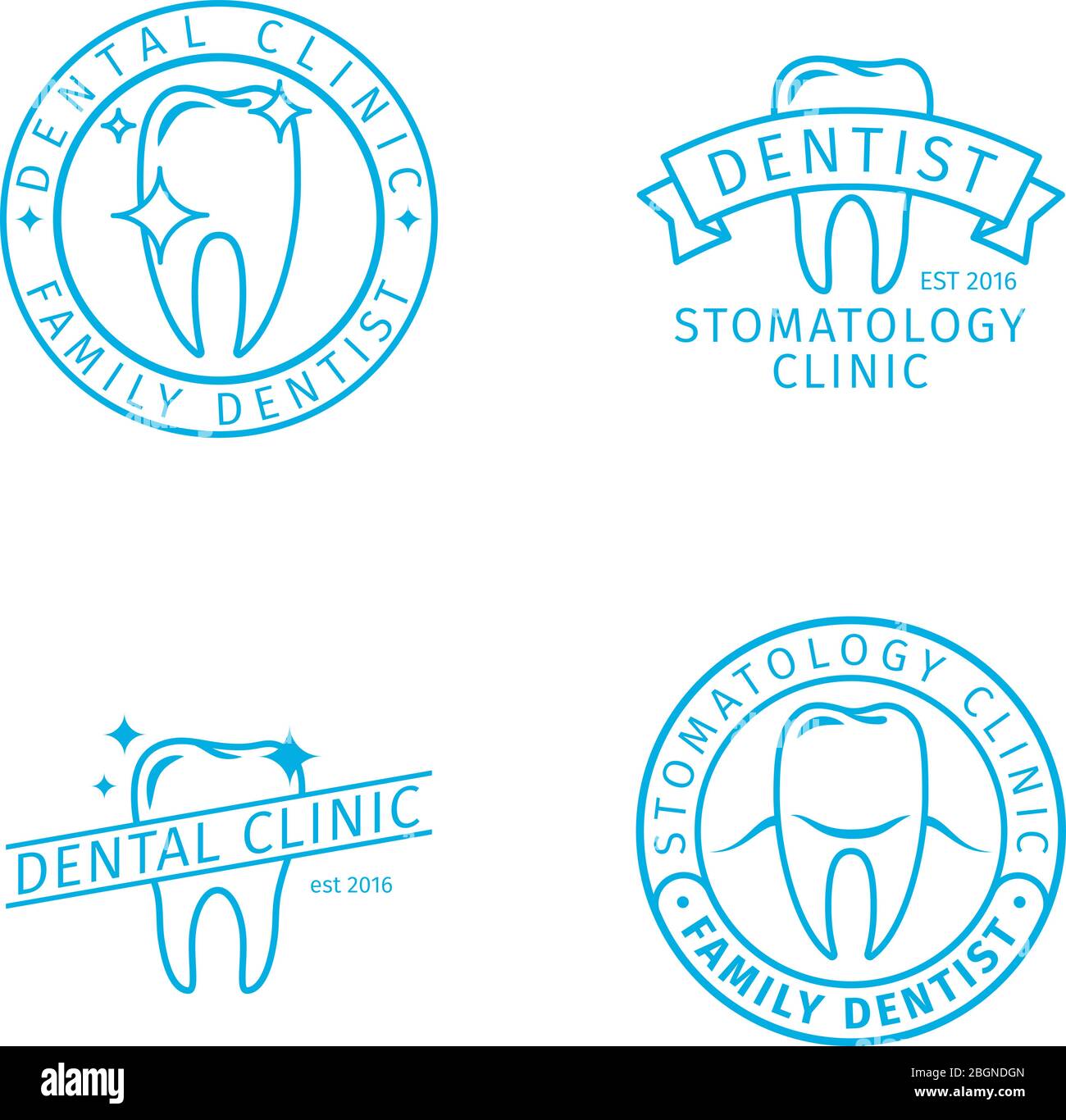 Zahnklinik Linie Logo Vorlagen. Stomatologie Klinik Umriss Etiketten gesetzt. Vektorsymbole Stock Vektor