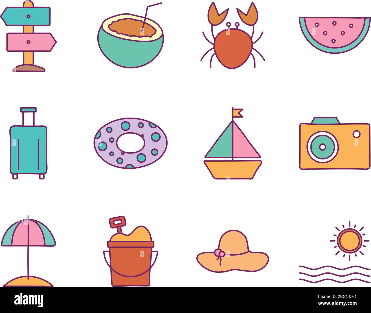 Sommer Linie und Füllung Stil Symbol gesetzt Vektor-Design Stock Vektor