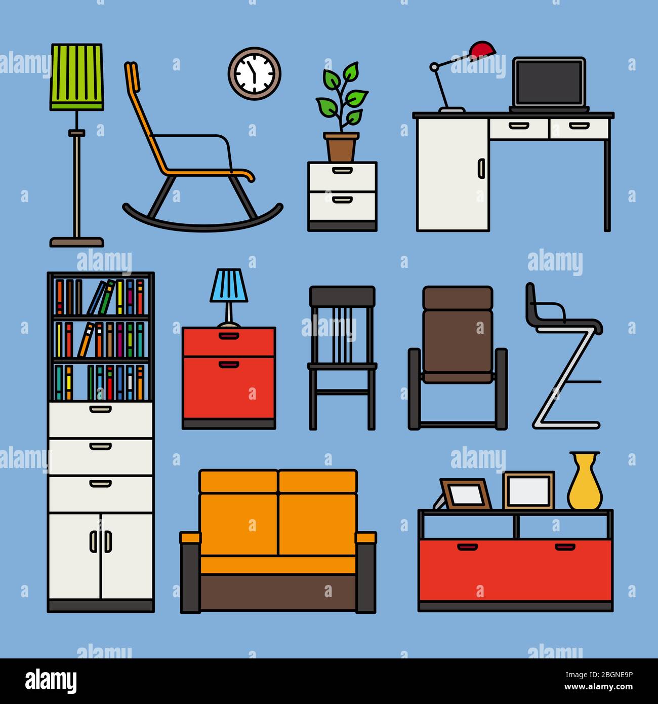 Symbole für Möbel und Wohnaccessoires. Möbel flache Kontur farbige Symbole auf blauem Hintergrund. Vektorgrafik Stock Vektor