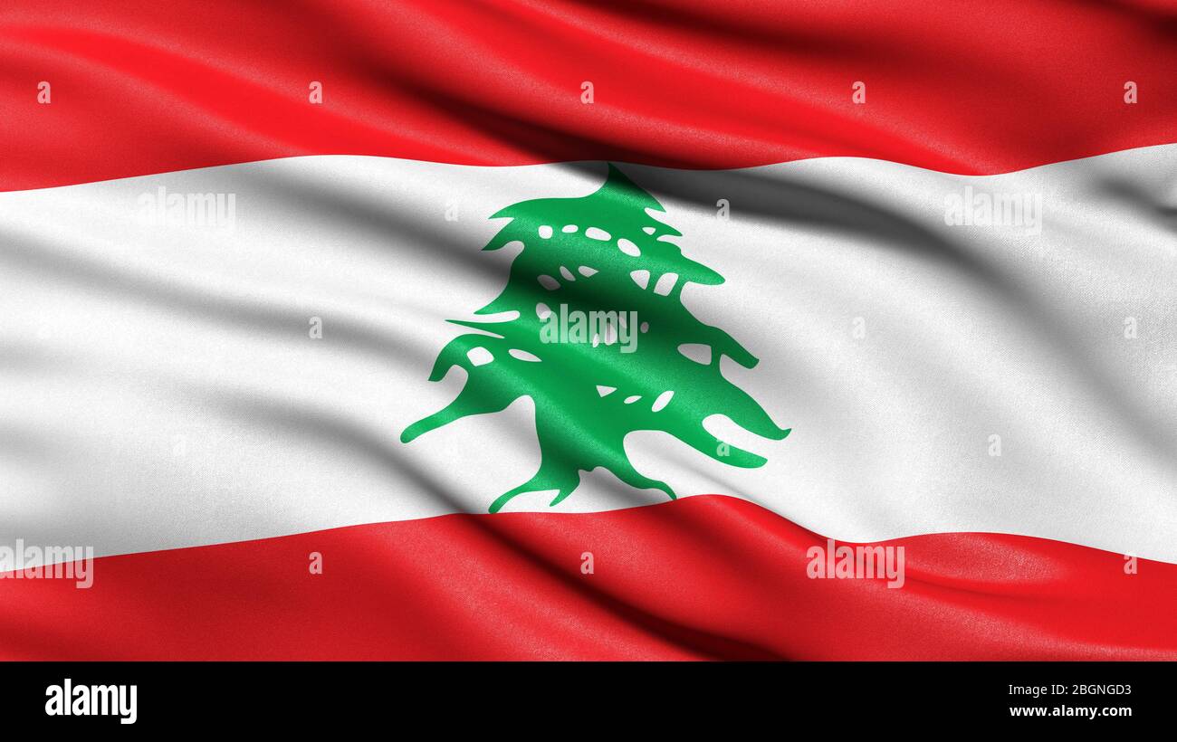 3D-Darstellung der Flagge des Libanon winkend im Wind. Stockfoto