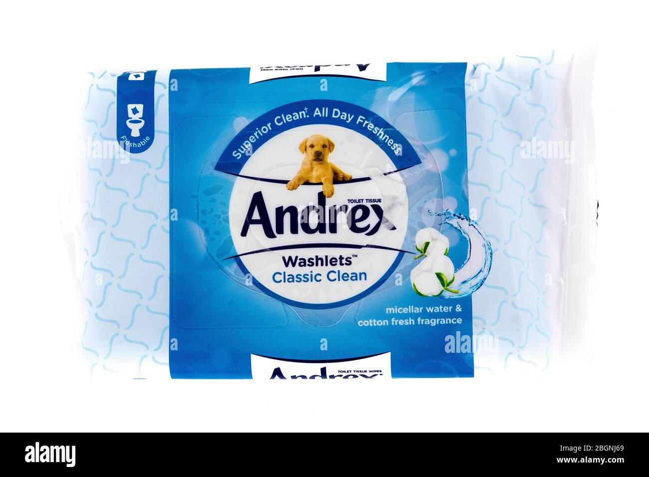 ANDREX Washlets, Andrex Washlets Toilettentücher, Andrex, Washlets, Toilettentücher, Tücher, Badetücher, andrex Marke, Ausschnitt, Packung, Packung, Packung, Stockfoto