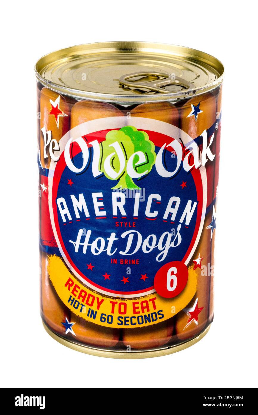 Ye Old Oak American Hot Dogs, Hot Dogs aus Dosen, Hot Dogs aus Dosen, Dose, Dose, Dose, Dose, Hot Dogs, Hotdogs, Hot Dogs aus Dosen, geschnitten, Ausschnitte, Ausschnitt, Stockfoto