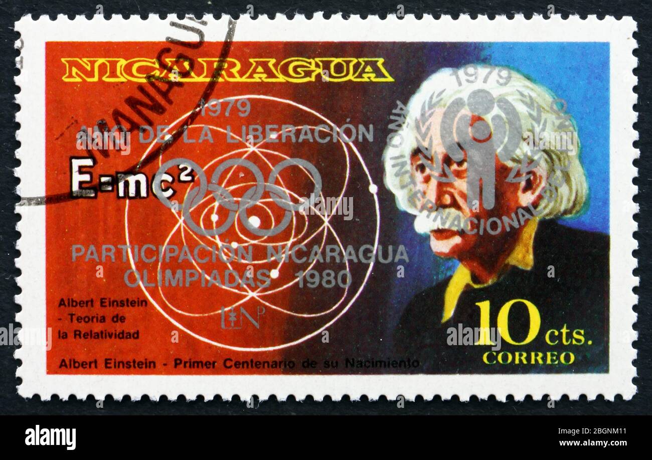 NICARAGUA - UM 1979: Eine in Nicaragua gedruckte Briefmarke zeigt Albert Einstein unausgegebene Briefmarke, theoretischer Physiker, um 1979 Stockfoto