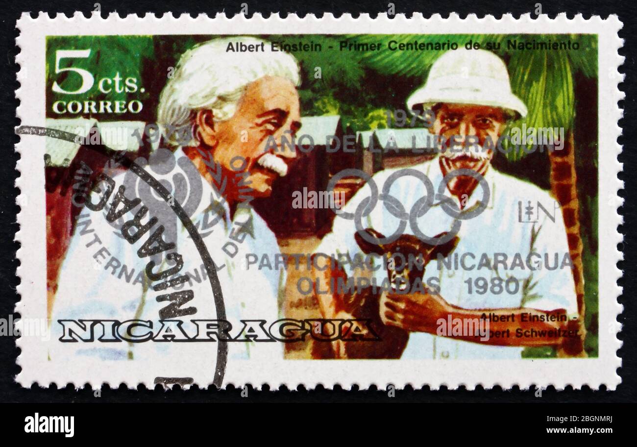 NICARAGUA - UM 1979: Eine in Nicaragua gedruckte Briefmarke zeigt Albert Einstein und Albert Schweitzer, unausgegebene Briefmarke, theoretischer Physiker und Arzt, Stockfoto