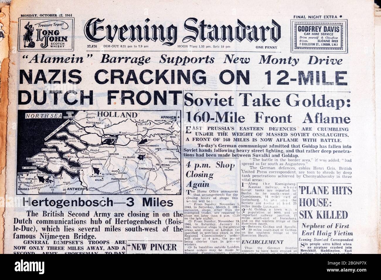 "Nazis knacken auf 12-Meile durch Front" 'Soviet Take Goldap: 160-Meile Front flame 'Evening Standard 1940s britische Zeitung Schlagzeile 23 Oktober 1944 Stockfoto