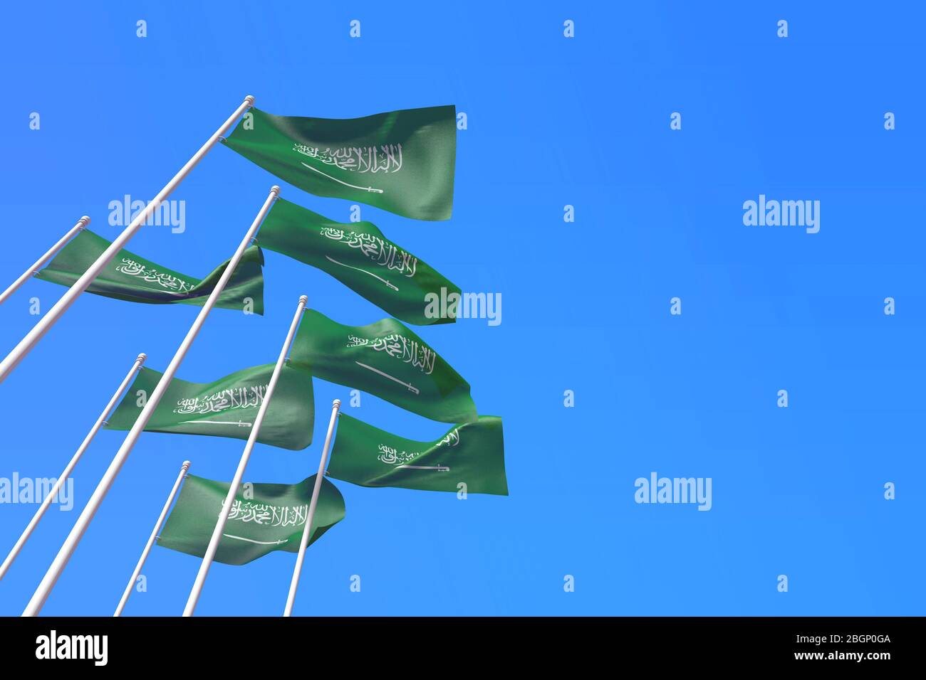 Saudi-Arabien Fahnen winken im Wind gegen einen blauen Himmel. 3D-Rendering Stockfoto