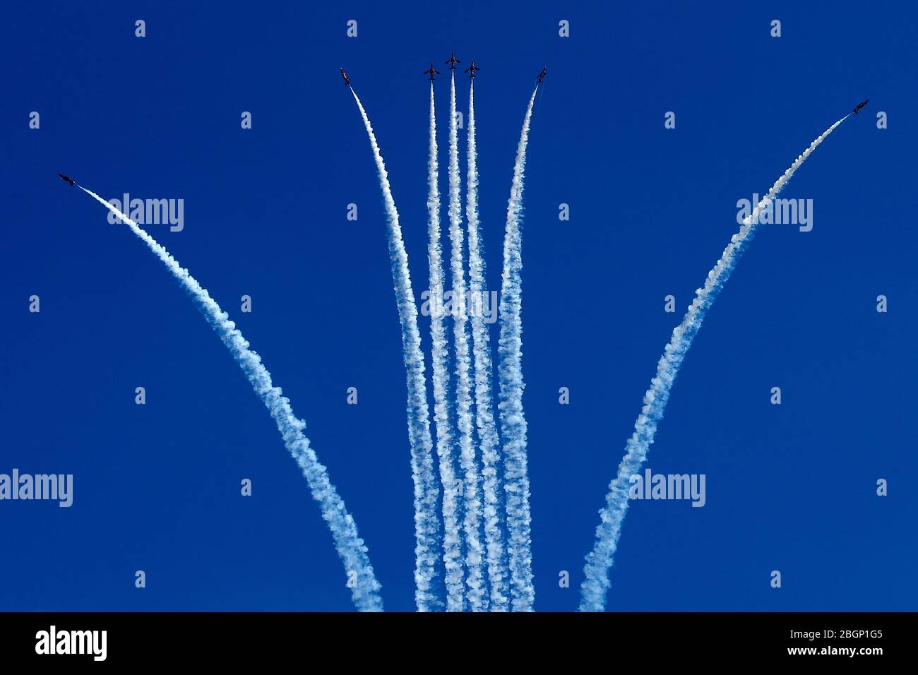 Die Red Arrows treten beim British Grand Prix in Silverstone, Northamptonshire auf Stockfoto