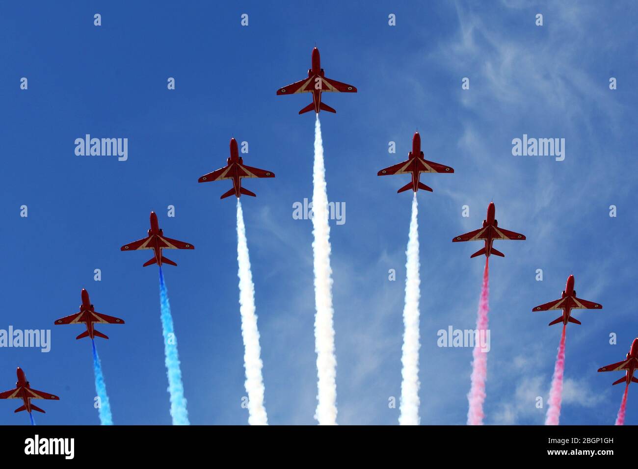 Die Red Arrows treten beim British Grand Prix in Silverstone, Northamptonshire auf Stockfoto