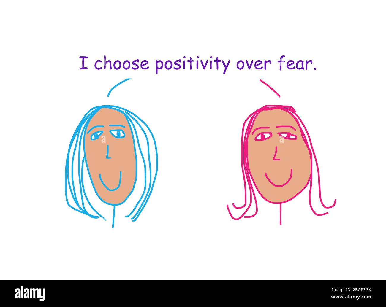 Farbe Cartoon Darstellung zwei Frauen sagen, sie wählen Positivität über Angst. Stockfoto