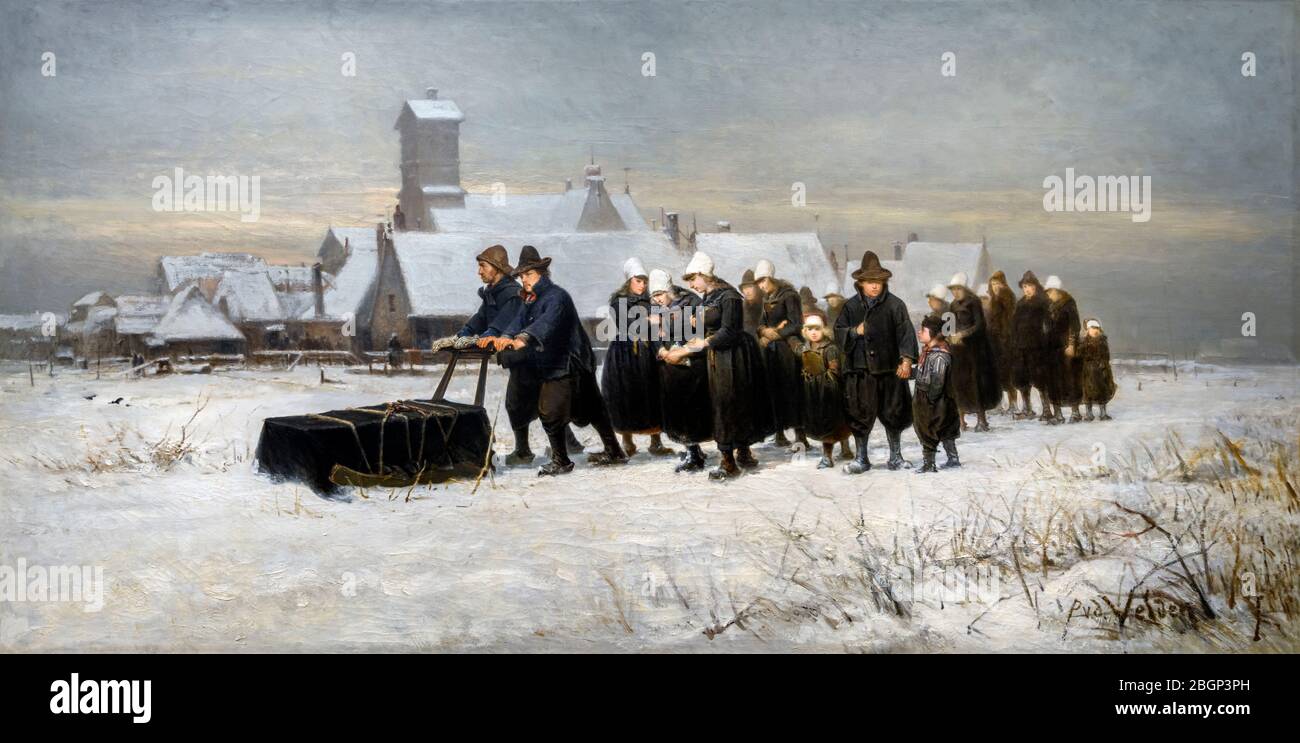 Beerdigung im Winter auf der Insel Marken von Petrus van der Velden (1837-1913) Öl auf Leinwand, 1875 Stockfoto