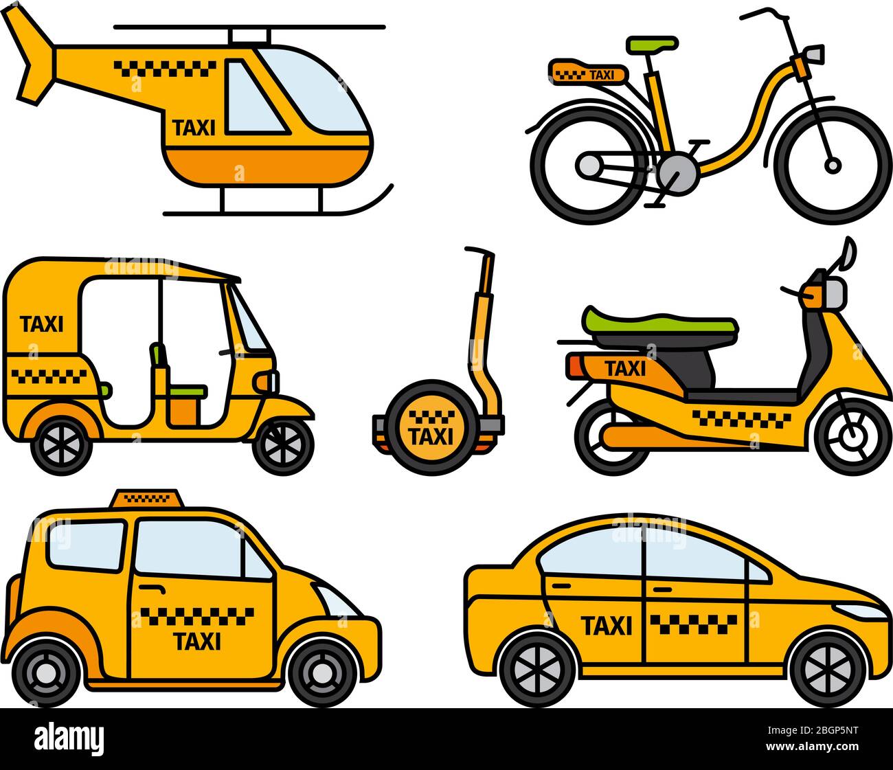 Taxi dünne Linien Symbole. Taxi und london Taxi, Baby Taxi und Tuk-Tuk Rikscha, Hubschrauber Taxi und Fahrrad Taxi. Vektorgrafik Stock Vektor