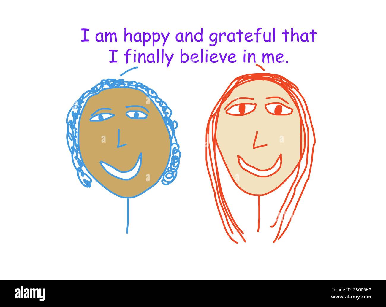 Farbe Cartoon Darstellung zwei ethnisch unterschiedlichen Frauen sagen, sie sind glücklich, sie endlich an sich glauben. Stockfoto