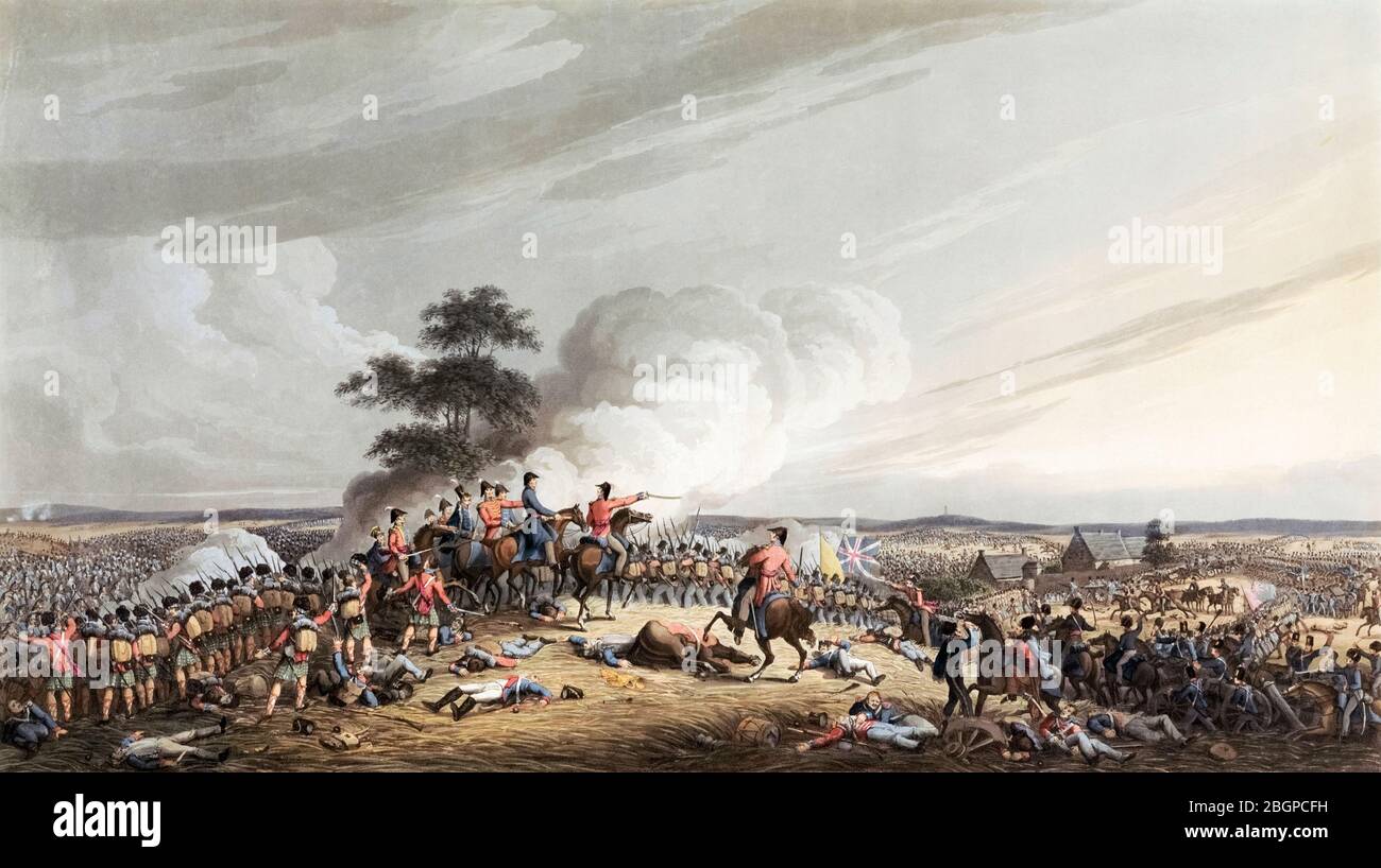 Die Schlacht von Waterloo, 18. Juni 1815. Der Herzog von Wellington blickt auf die Hougoumont Farm. Nach einem anonymen Künstler. Veröffentlicht in London, 1816 Stockfoto