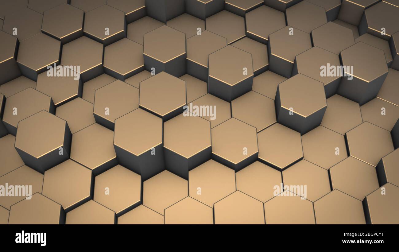 3D-Rendering abstrakter hexagonaler geometrischer Flächen im virtuellen Raum. Zufällig platzierte geometrische Formen. Polyedralwand aus Hexagonen Stockfoto