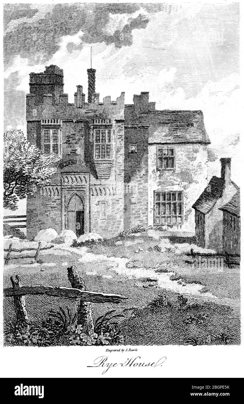 Ein Stich von Rye House, der in hoher Auflösung aus einem 1827 gedruckten Buch gescannt wurde. Dieses Bild ist frei von allen Copyright-Einschränkungen. Stockfoto