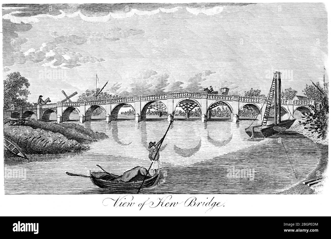 Eine Gravur von Kew Bridge, gescannt in hoher Auflösung aus einem Buch, das 1827 gedruckt wurde. Dieses Bild ist frei von allen Copyright-Einschränkungen. Stockfoto