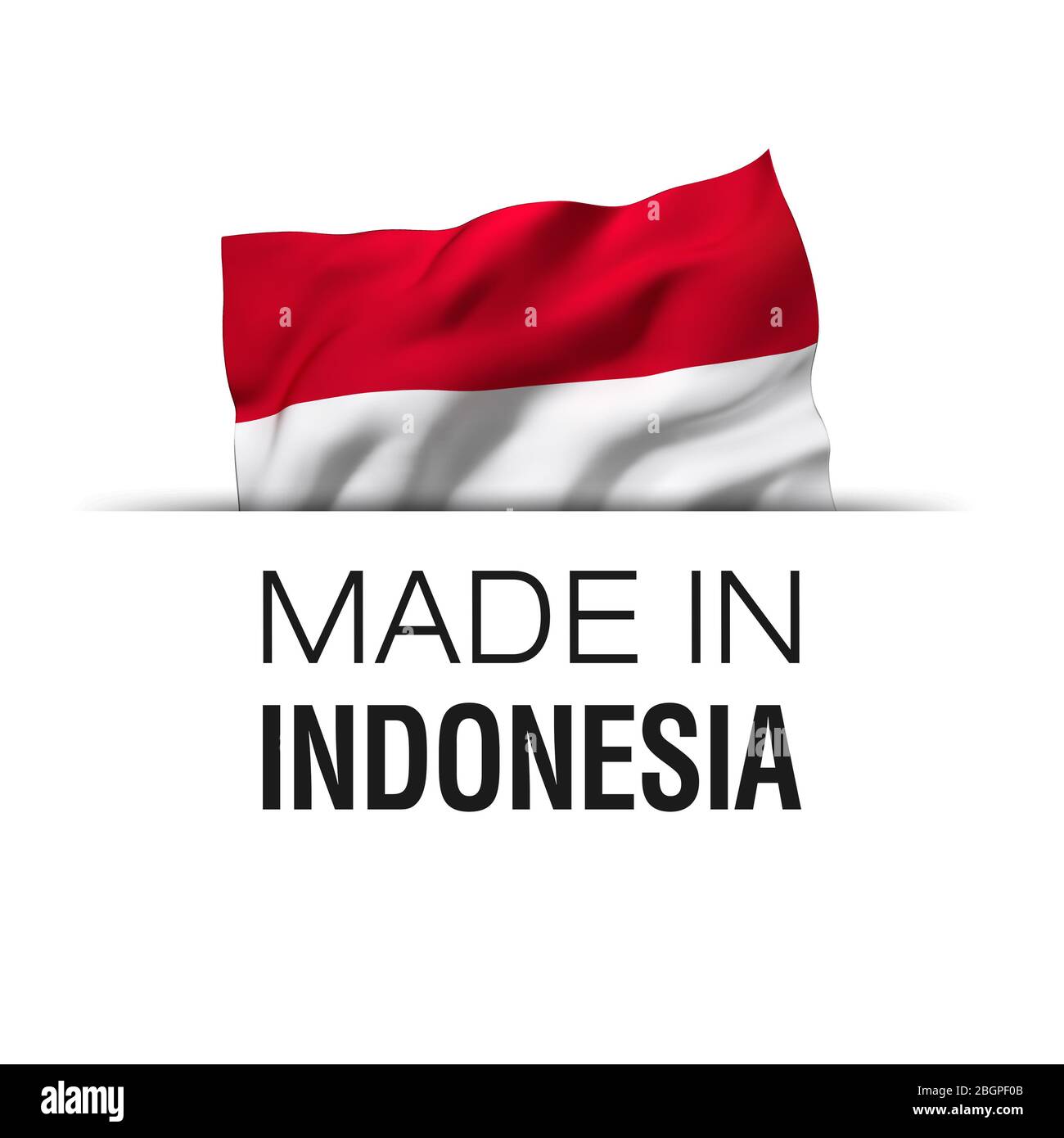 Made in Indonesia - Garantie-Label mit einer wehenden indonesischen Flagge. Stockfoto