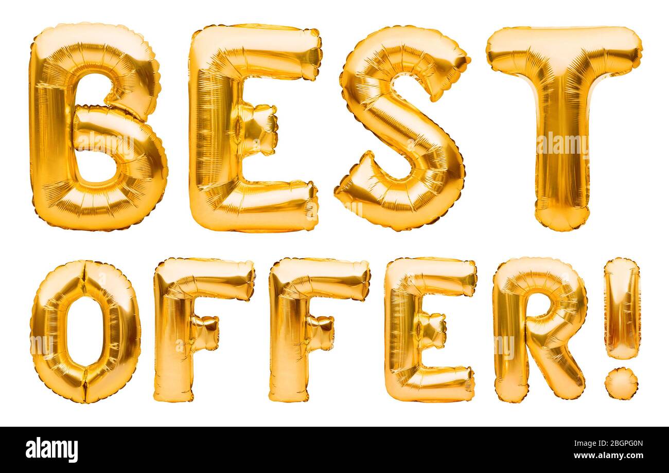 Wörter BESTEN ANGEBOT aus goldenen aufblasbaren Ballons auf weißem Hintergrund isoliert. Helium Ballons Gold Folie bilden Phrase besten Angebot. Rabatt und Stockfoto