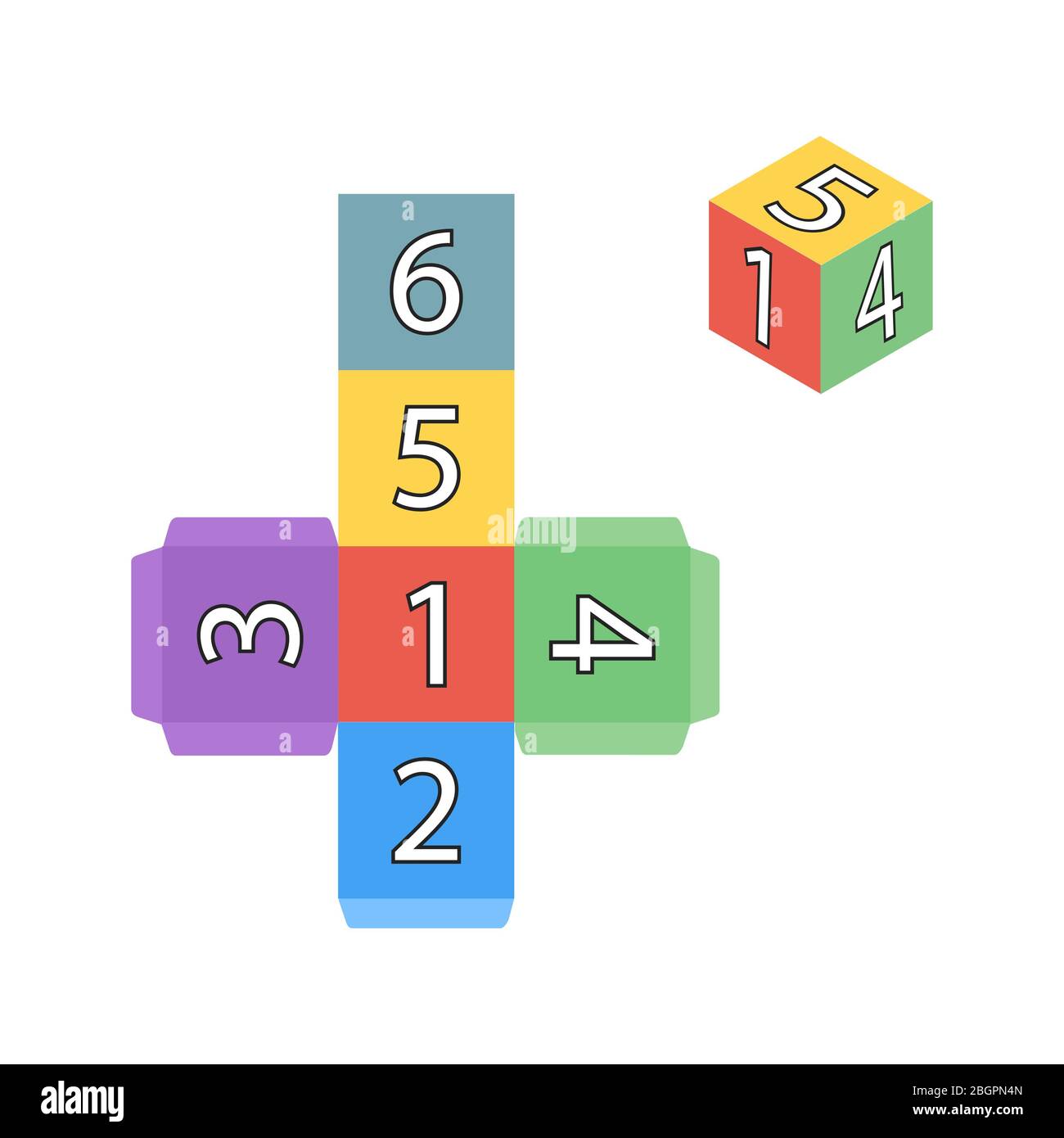 GameCube zum Drucken. Mehrfarbige Vorlage des Würfels mit Zahlen. Vektorgrafik Stockfoto