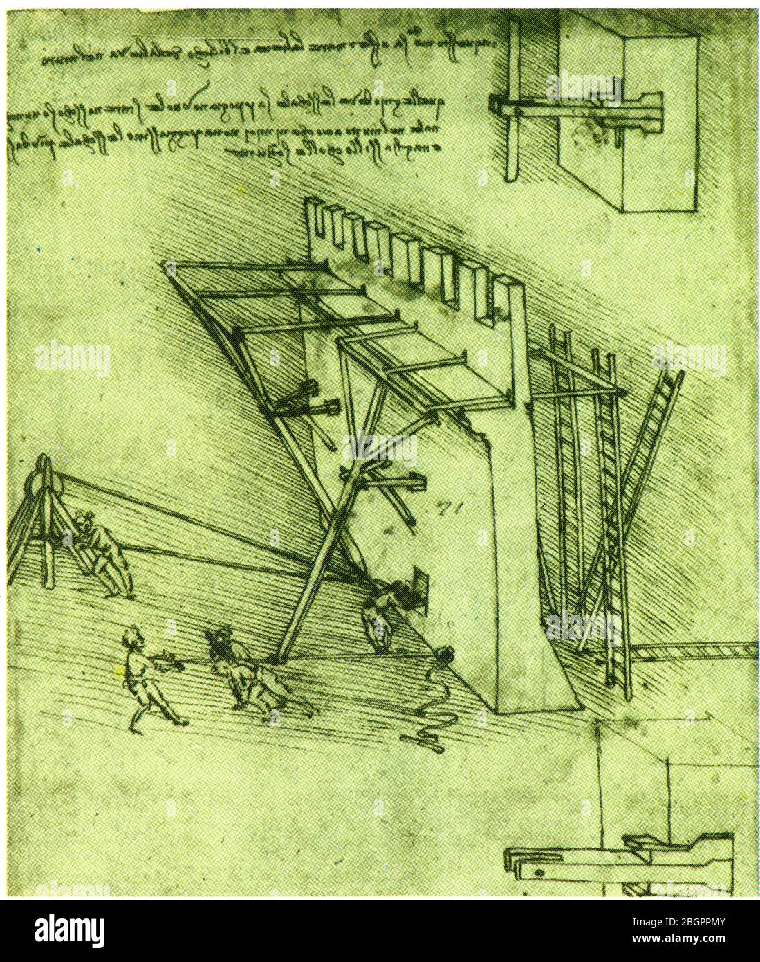 Leonardo da Vinci. Grace à sa connaissance des poulies, il imagina un système pour renverser les échelles d'Eskalade Anhänger un siège. Stockfoto