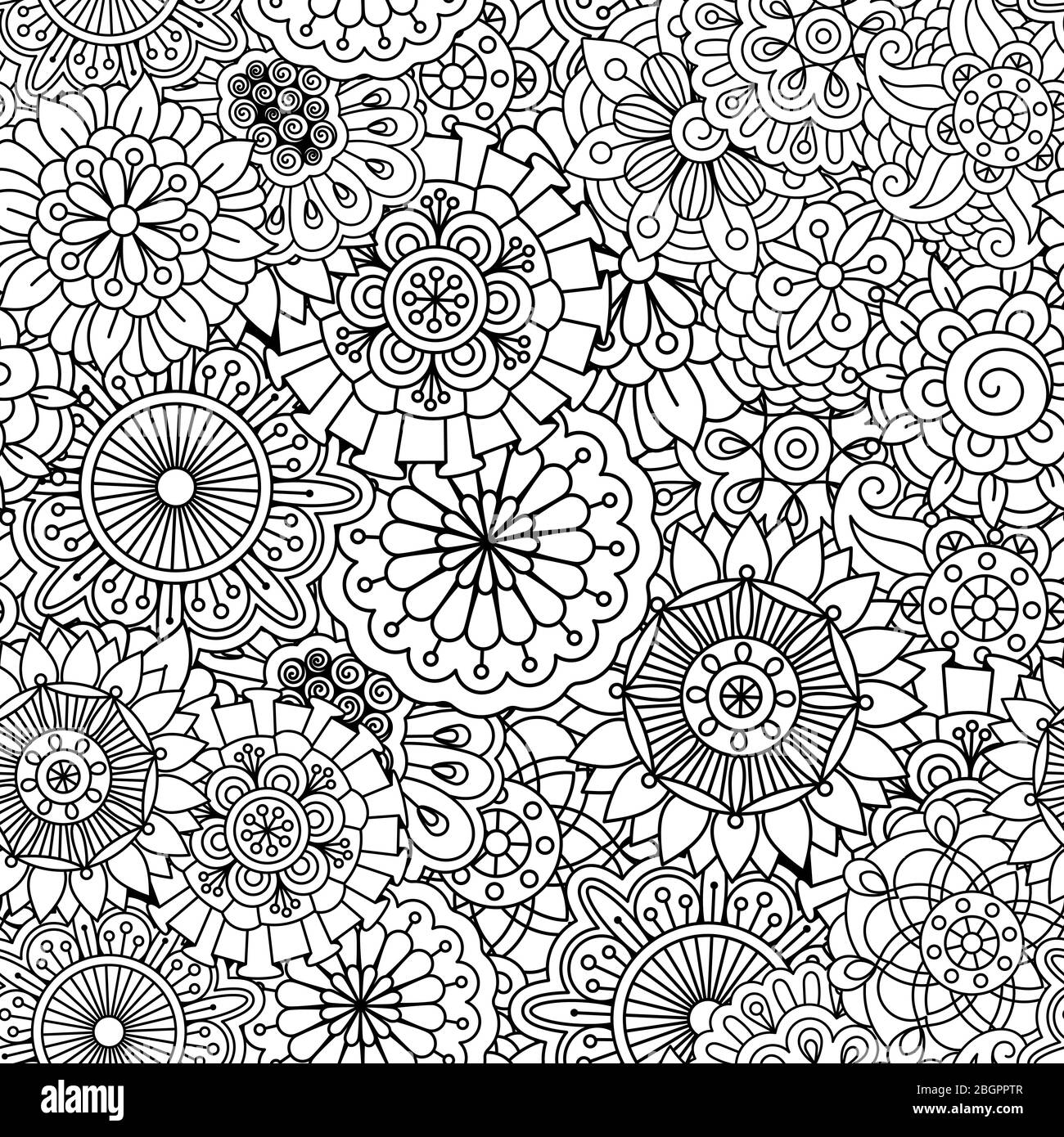 Skizzierte Hintergrund-Design der nahtlose kunstvolle Textil-Muster mit Blumen und Pinwheel Formen Stock Vektor