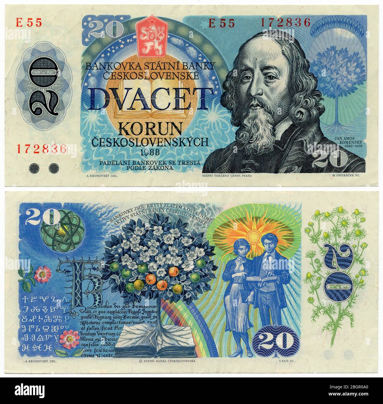 20 Tschechoslowakische Krone Banknote (1988) ausgestellt in der Tschechoslowakischen Sozialistischen Republik. Die Banknote wurde von dem slowakischen Grafiker Albín Brunovský entworfen. Der tschechische Philosoph und Pädagoge John Amos Comenius (Jan Amos Komenský) ist im Verso dargestellt. Stockfoto