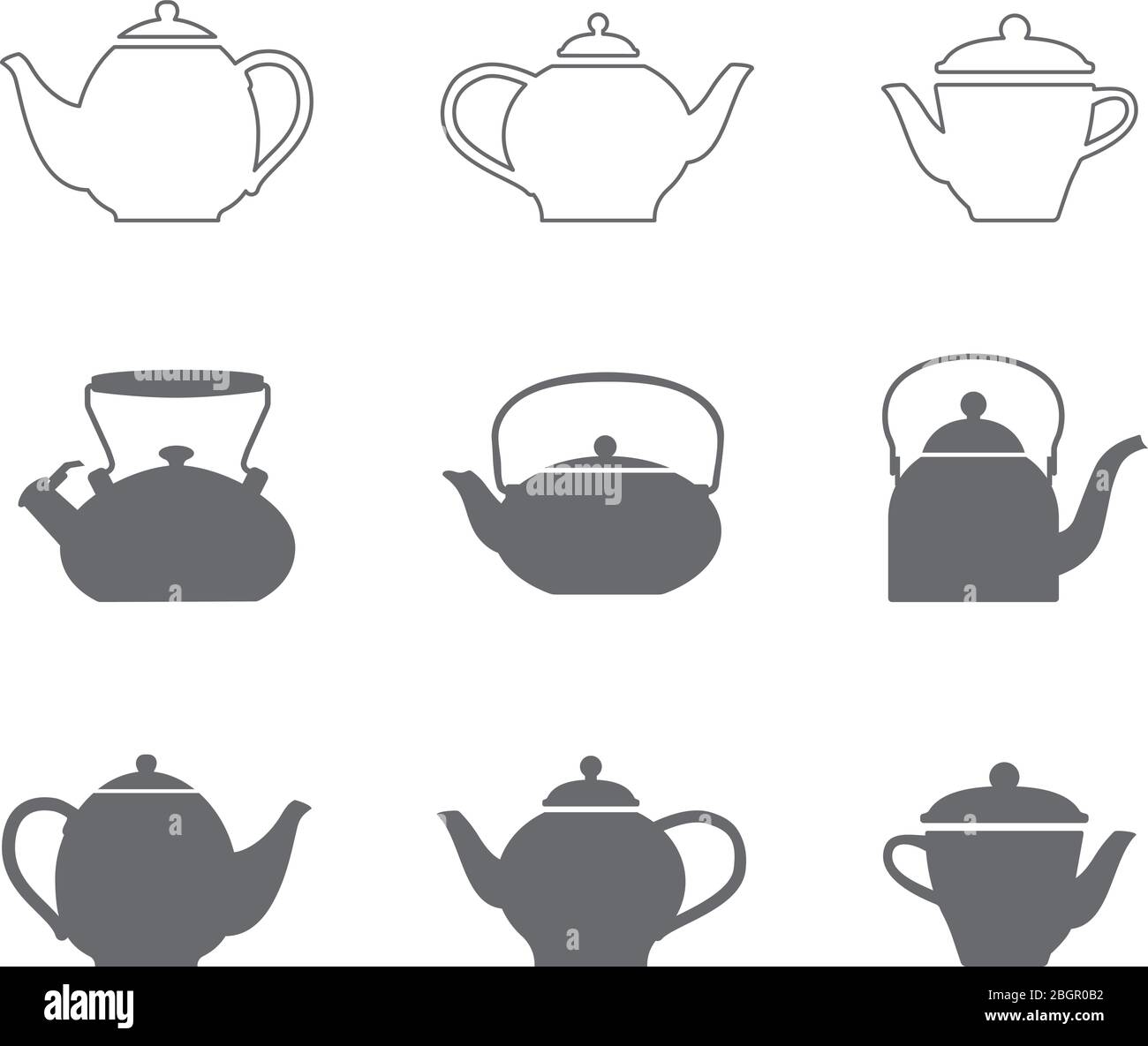 Teetöpfe Set. Vektor Linie Teekannen Symbole und Teekannen Silhouette Symbole Stock Vektor