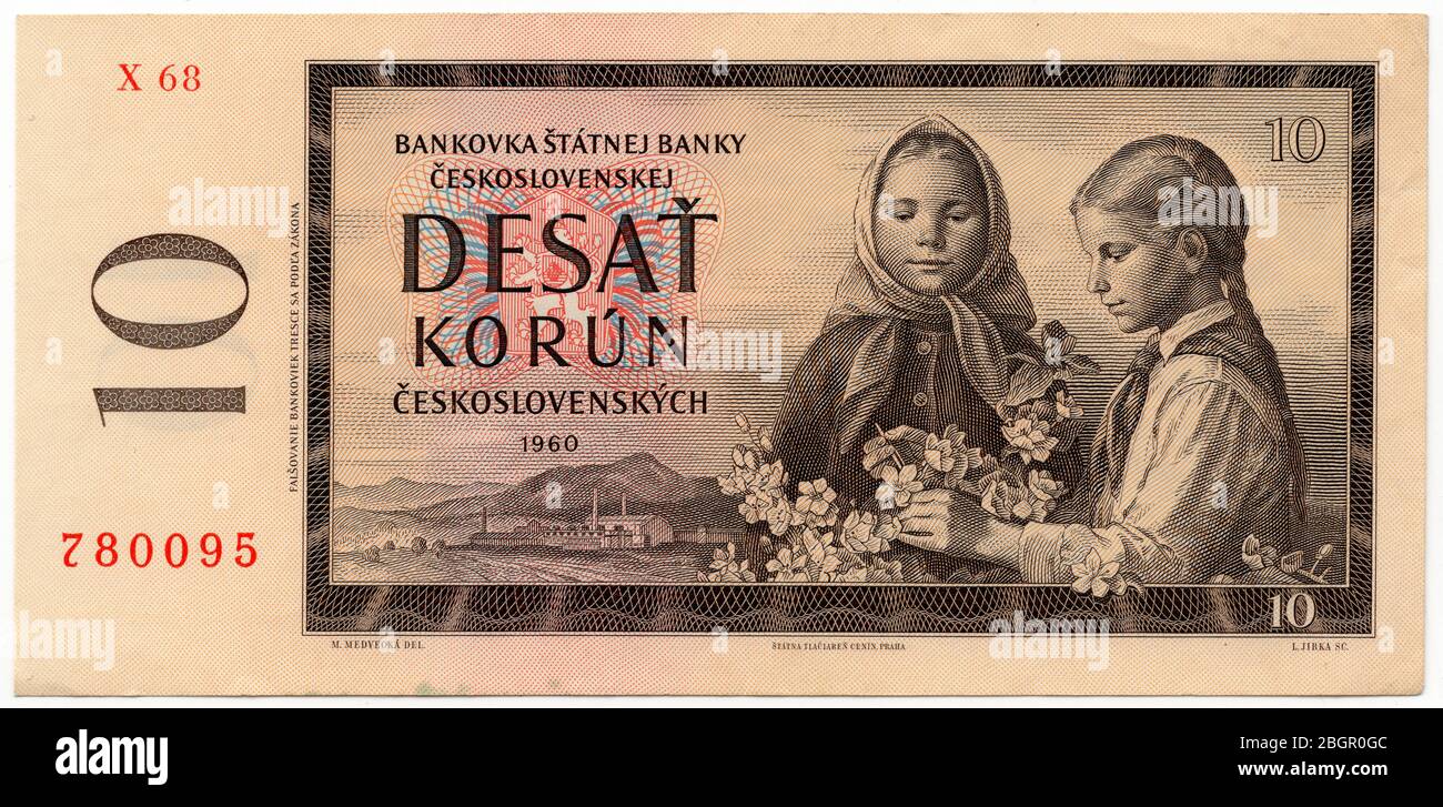 10 Tschechoslowakische Krone Banknote (1960) ausgestellt in der Tschechoslowakischen Sozialistischen Republik. Die Banknote wurde von der slowakischen Grafikerin Mária Medvecká entworfen. Stockfoto