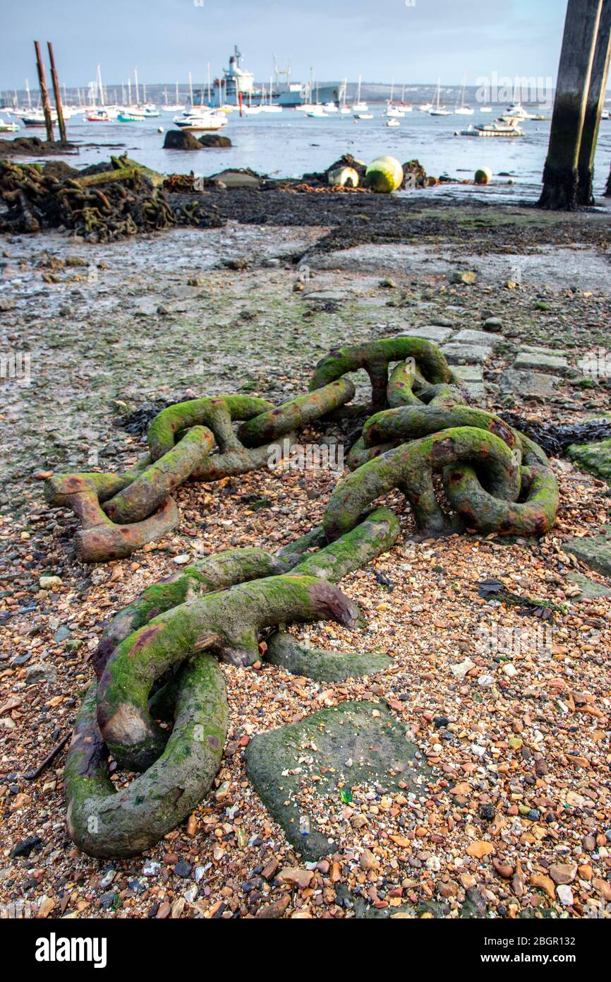 Eine alte eiserne Ankerkette in einem Hafen oder Kai Bei Ebbe Stockfoto