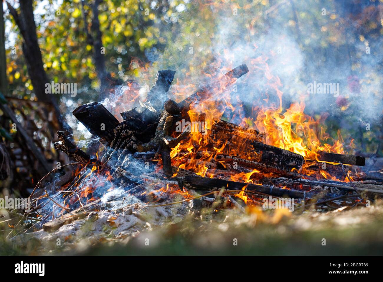 Großes verrauchtes Lagerfeuer im Garten. Stockfoto