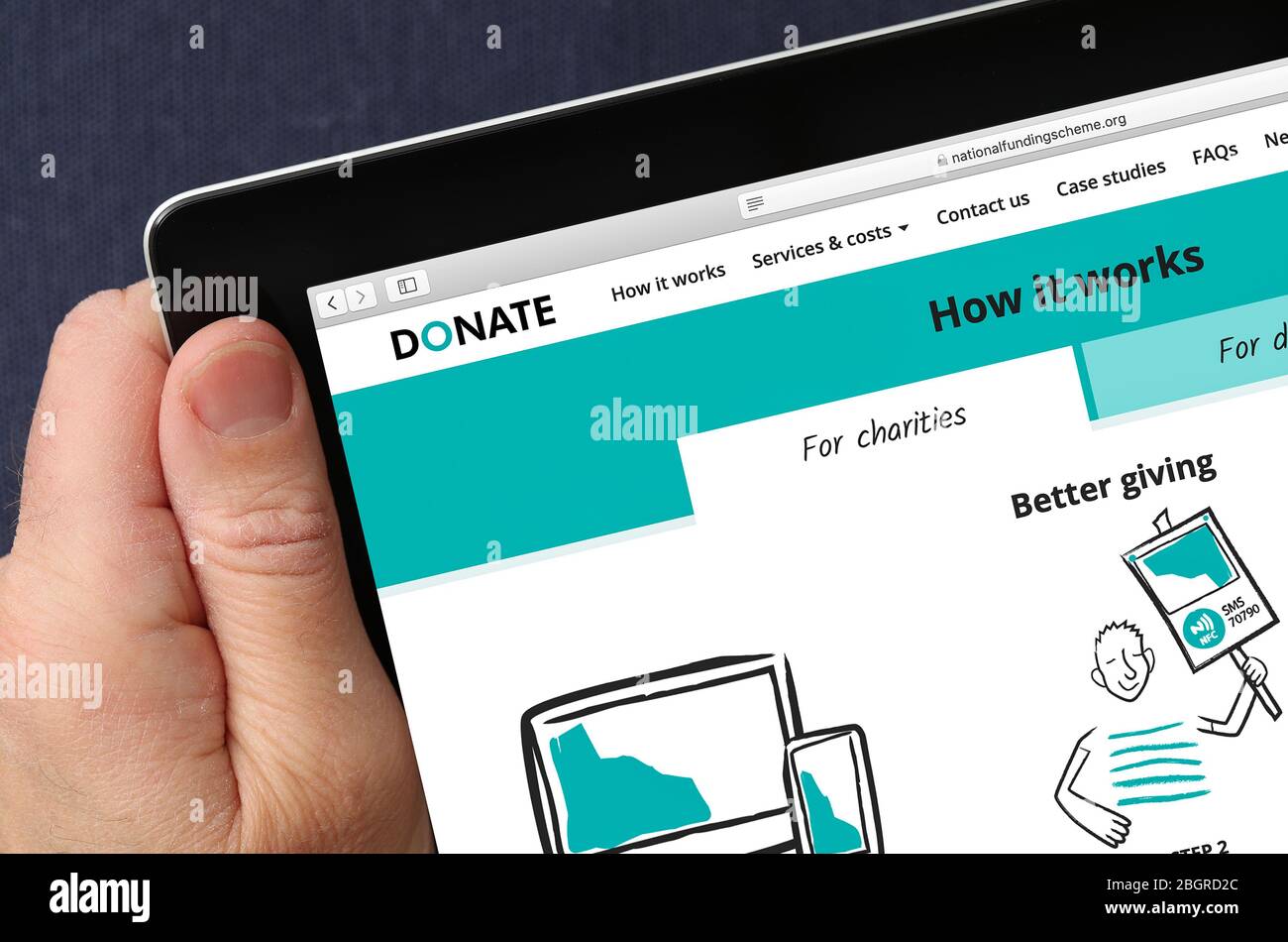 National Fundings Scheme, Spenden, Charity Fundraising Website auf einem iPad angesehen Stockfoto
