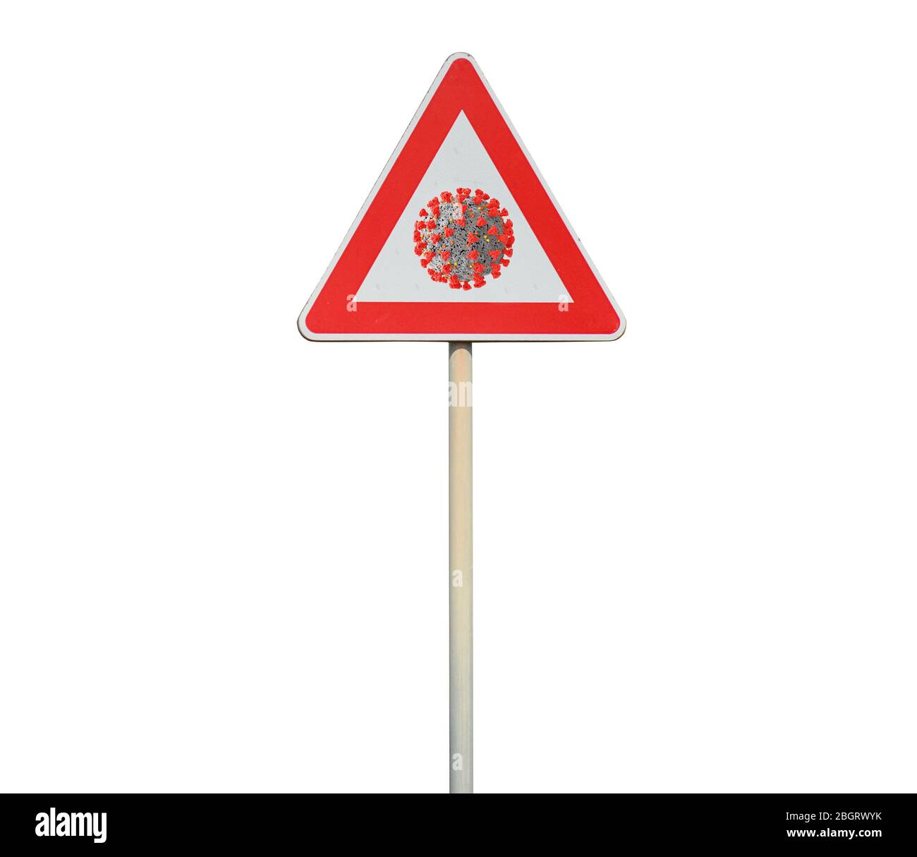 Wegweiser mit Coronavirus Simbol. Konzept des covid-19 Virus Alert Stockfoto