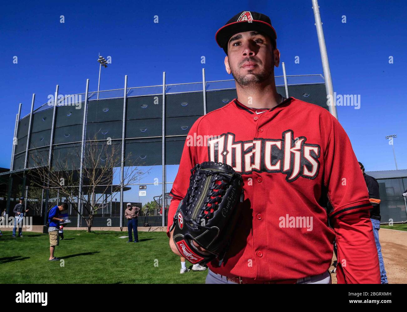 Oliver Perez, mexikanischer Pitcher für Diamondbacks, während des Frühjahrstrainings Major League Baseball bei Salt River Fields bei Talking Stick in Phoenix Arizona. Stockfoto